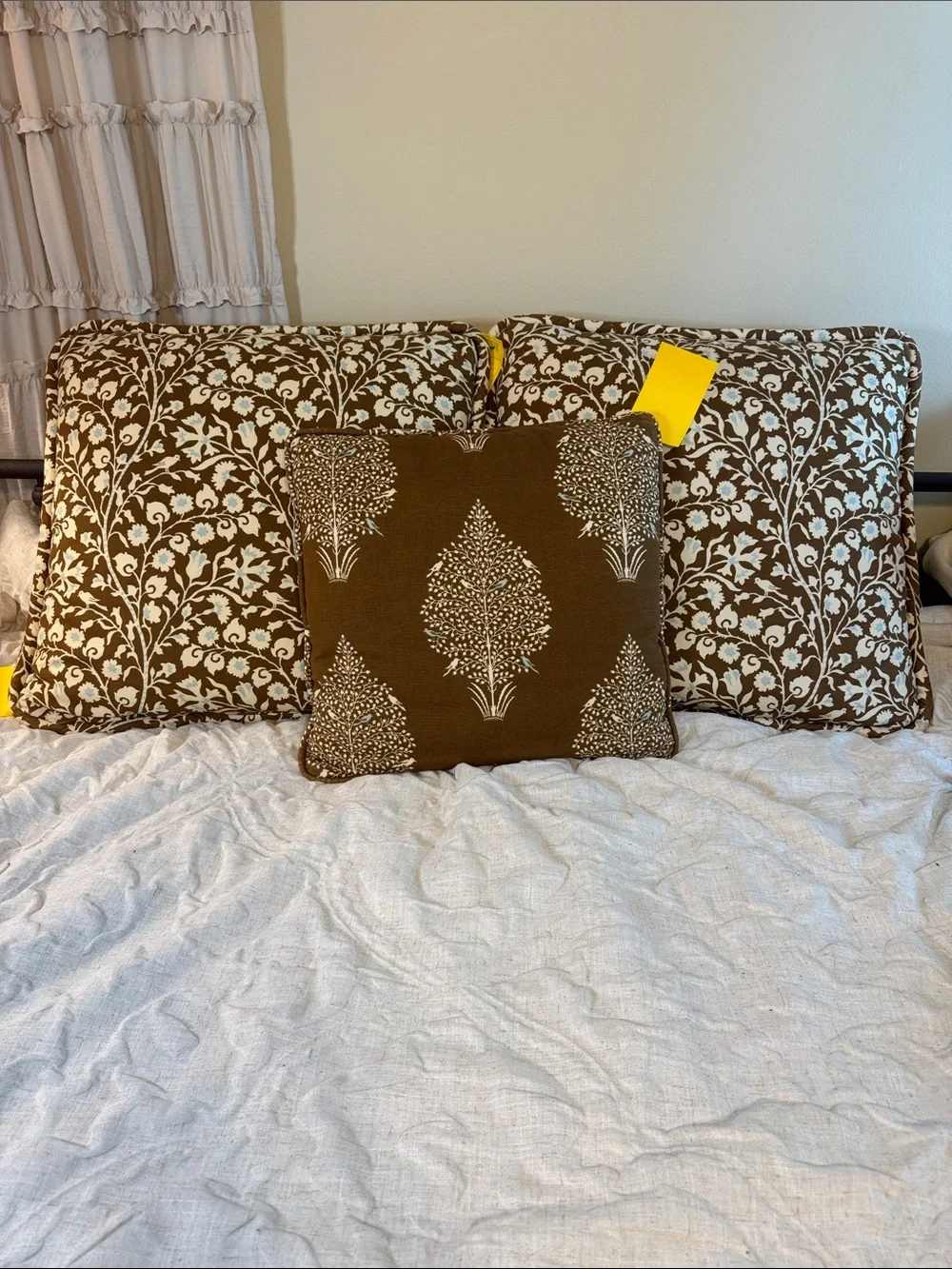 Brown Block Print Decorative Throw Pillows Set of 3 Bird Tree Motif